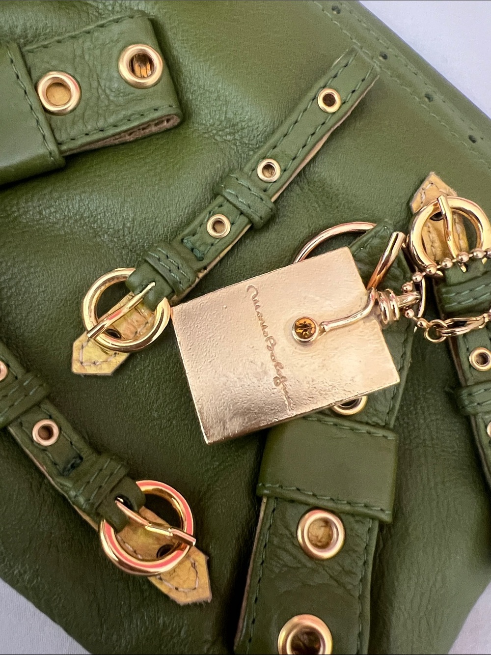 Olive Green Mini Leather Bag with Gold Accents - Picture 6 of 10